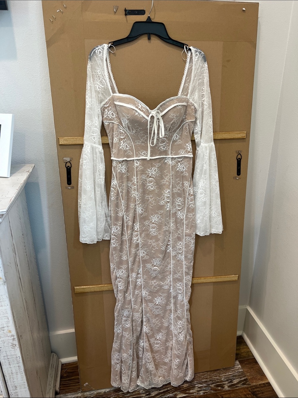 Fashion Nova White Lace Overlay Wedding/ Engagement Dress with Nude Lining